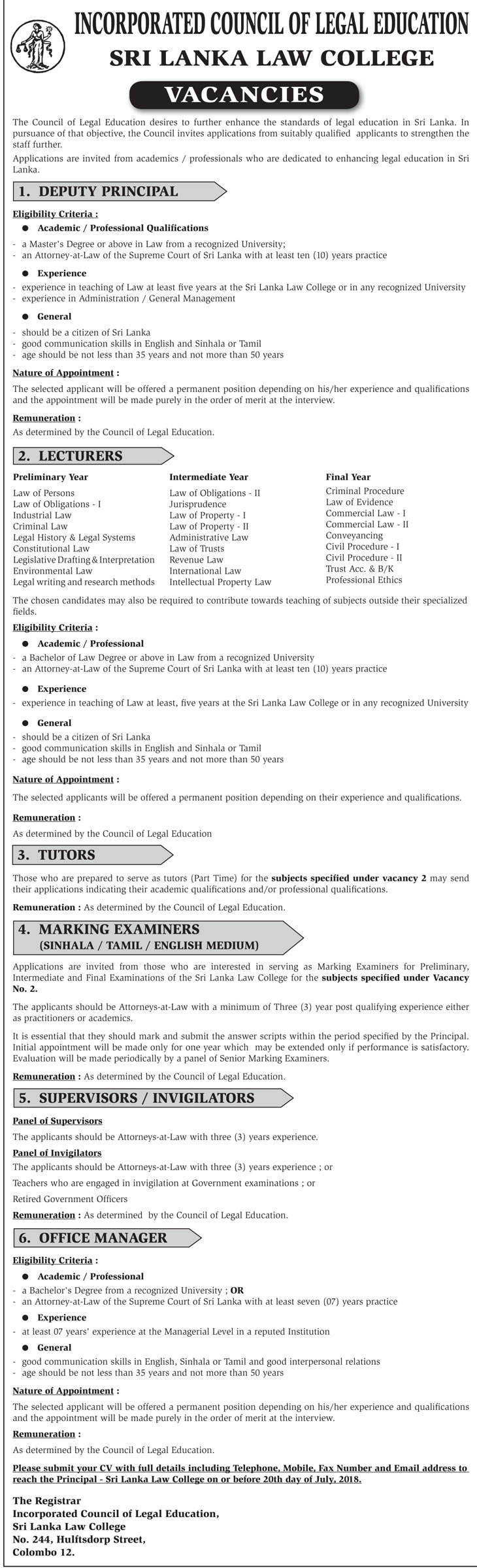 Deputy Principal, Lecturer, Tutor, Marking Examiner, Office Manager - Sri Lanka Law College